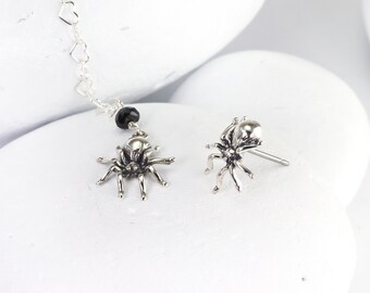 Dangling Spider Ear Cuff, with looped heart chain and black onyx in solid sterling silver, creepy spider dangle earring