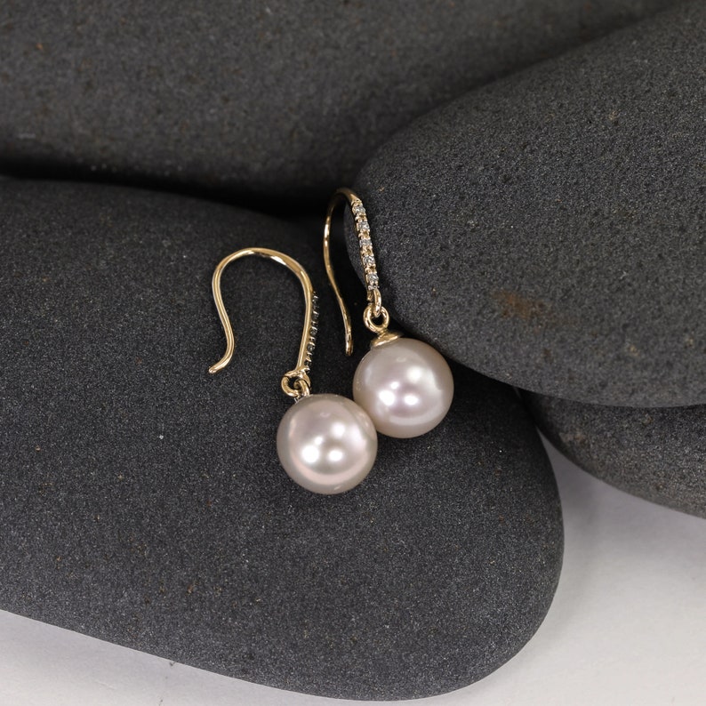 Large Pearl Earrings, Pearl And Diamond Earrings, 14k Solid Gold Earrings, Freshwater Pearl Earrings, Pearl Drop Earrings, Genuine Pearl image 8