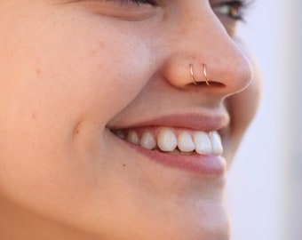 Double Nose Ring for Single Piercing In Sterling Silver, 14K Gold And 14K Gold Fill, Spiral Illusion Hoop, Small Huggie Hoops, Twist Ring