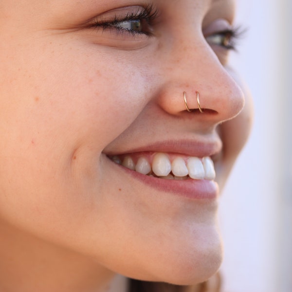 Double Nose Ring for Single Piercing In Sterling Silver, 14K Gold And 14K Gold Fill, Spiral Illusion Hoop, Small Huggie Hoops, Twist Ring