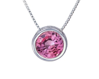 Pink Sapphire Necklace with Lab Grown Genuine Pink Sapphire, Minimalist Slider Gemstone Necklace, Silver Solitaire 8mm Sapphire Necklace