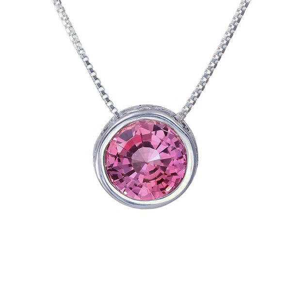 Pink Sapphire Necklace with Lab Grown Genuine Pink Sapphire, Minimalist Slider Gemstone Necklace, Silver Solitaire 8mm Sapphire Necklace