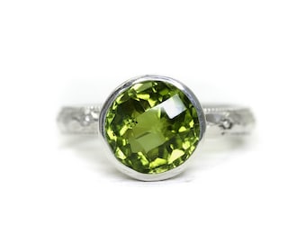 Peridot Gemstone Ring in Sterling Silver, custom sized large green gemstone ring with textured art deco band