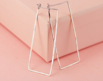 Long Silver Rectangle Hoops, Hammered 14K White Gold or Sterling Silver Earrings, Geometric Jewelry, Minimalist Earrings, Statement Hoops