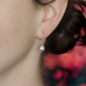 Large Pearl Earrings, Pearl And Diamond Earrings, 14k Solid Gold Earrings, Freshwater Pearl Earrings, Pearl Drop Earrings, Genuine Pearl image 6