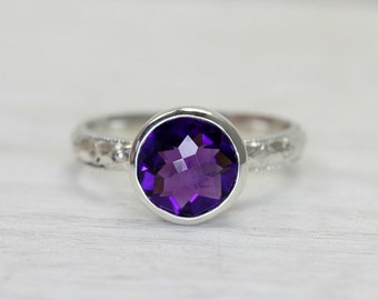 Large Amethyst Silver Ring, Custom Sized Stacking Sterling Silver Gemstone Ring with Art Deco Band