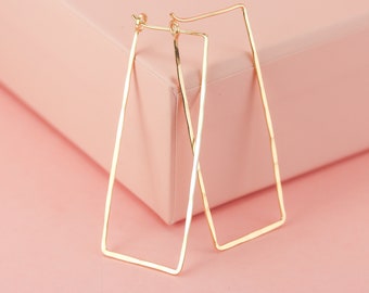 Large Solid 14K Rectangle Hoops Hammered from Solid 14K in Yellow, Rose Gold, and White Gold, 2" Solid Gold Hoop Earrings