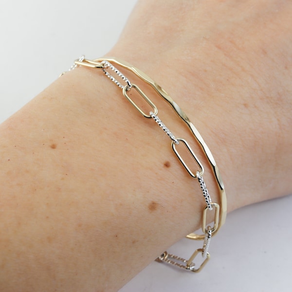 Mixed Metal Armband oder Massiv Sterling, zweifarbiges Armband in Gold gefüllt und Silber, klobige Büroklammer Kettenarmband, Graduierung Geschenke