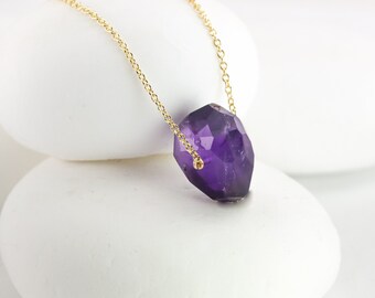 Large Natural Raw Amethyst Solitaire Pendant Necklace In Silver, Rose Gold, or Yellow Gold
