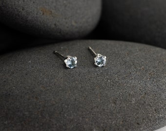 Tiny Blue Zircon Stud Earrings with Sterling Silver Posts, Second Hole Blue Stud Earrings, 3mm Sparkle Studs