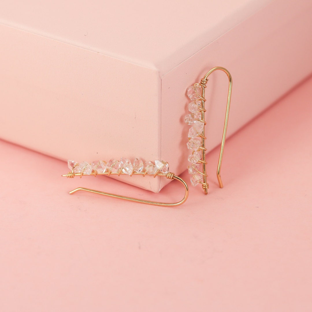 Herkimer Diamond Earrings, Ear Climbers, Herkimer Earrings, 14k Gold