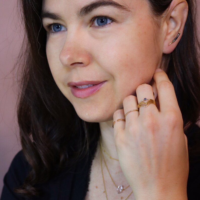 Black Mini Pearl Stacking Ring in Gold Fill, Rose Gold Fill or Sterling Silver, Simple Pearl Ring with Tiny Dark Peacock Pearls by Lotus Stone jewelry. Great Gift for her valentines day.