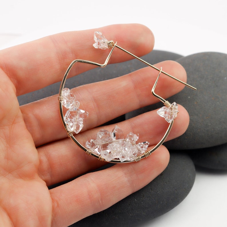 Herkimer Diamond Cluster Hoop Earrings, Large Two-piece Pierced Hammock Earrings in Gold with Geode-Like Crystal Sprays by Lotus Stone Jewelry. Great gift for her christmas.