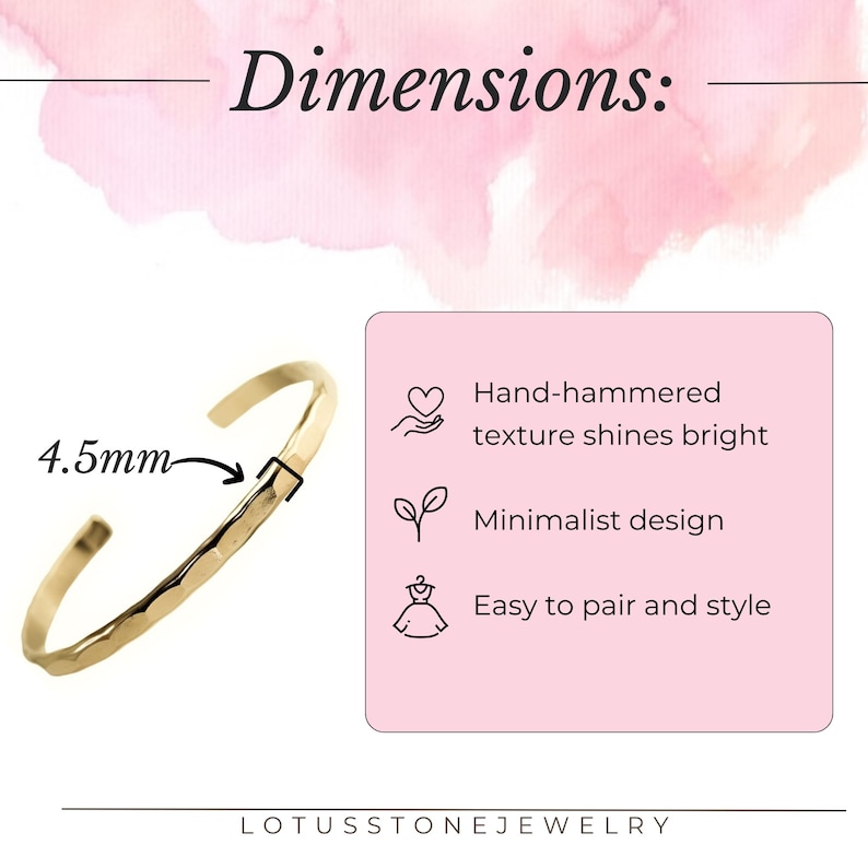 May include: A gold hammered bangle bracelet with a minimalist design. The bracelet is 4.5 mm wide.  Dimensions: Hand-hammered texture shines bright, Minimalist design, Easy to pair and style.