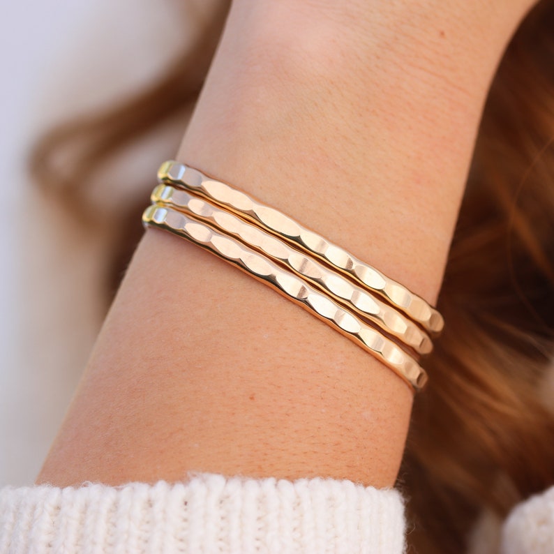 Set Of 3 Wide Hammered Boho Stacking Bracelets Cuffs in Sterling Silver, 14K Rose Gold & 14k Yellow Gold Fill, Chunky Bangle Set For Her image 3