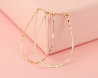 Large Solid 14K Gold Hammered Teardrop Hoop Earrings, Thin Hoops In 14K White, Yellow, Or Rose Gold, Geometric Earrings, Statement Earrings