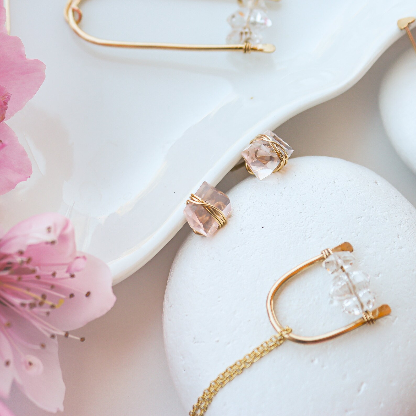 Rose Quartz Crystal Studs Pink and Gold Crystal Earrings Etsy