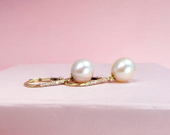 Large Pearl Earrings, Pearl And Diamond Earrings, 14k Solid Gold Earrings, Freshwater Pearl Earrings, Pearl Drop Earrings, Genuine Pearl