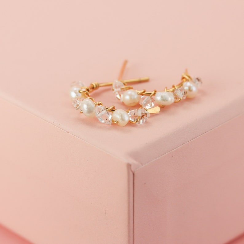 Herkimer Diamond and Pearl Hoops in Gold Fill, Rose Gold Fill, or Sterling Silver Simple Hoop Earrings image 1