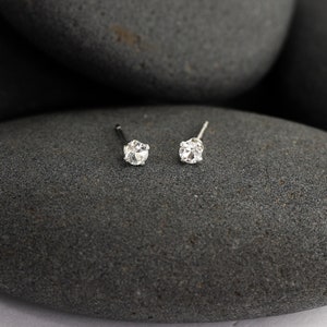 Tiny White Sapphire Earrings with Sterling Silver Posts, Second Hole White Sapphire Stud Earrings, 2.5mm Baby Studs