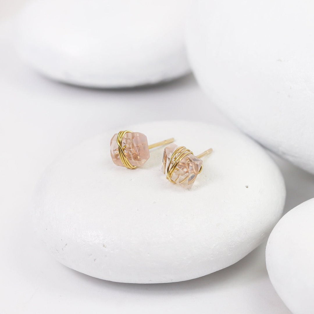Rose Quartz Crystal Studs, Pink and Gold Crystal Earrings Wrapped in