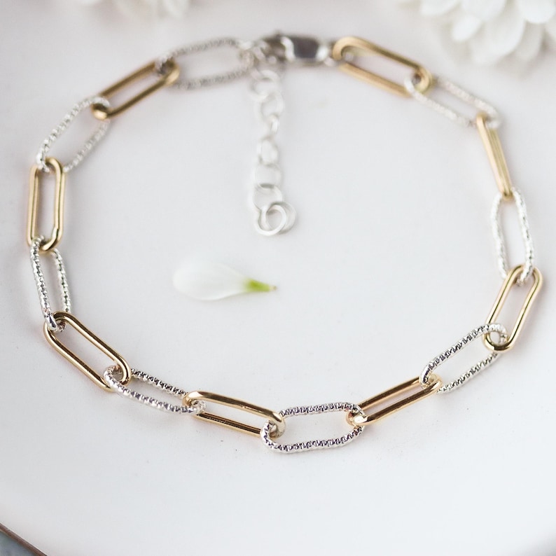 Armband i blandad metall eller massivt sterling zirkon, armband i två färger i guld och silver, armband med grov gemkedja, examenspresenter bild 9