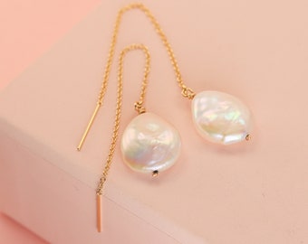 Stunning Keshi Pearl Threader Earrings, Modern long gold filled dangles with white baroque pearls