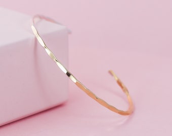 Solid 14K Gold Cuff Bracelet, Hammered Gold Bangle, 2mm Simple Stacking Cuff Bracelet, Minimalist Jewelry, Handmade Friendship Bracelet