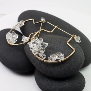 Herkimer Diamond Cluster Hoop Earrings, Large Two-piece Pierced Hammock Earrings in Gold with Geode-Like Crystal Sprays by Lotus Stone Jewelry. Great gift for her birthday.