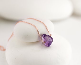 Small Natural Raw Amethyst Solitaire Pendant Necklace In Silver, Rose Gold, or Yellow Gold