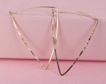 Large Shield Hoops in Gold Fill, Rose Gold Fill, and Sterling Silver, Triangle Dangling Hoop Earrings with Herkimer Diamonds