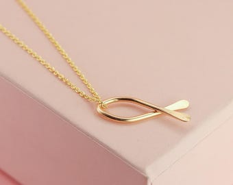 Thin Hammered Ribbon Necklace, Skinny 1" Icthus Fish Pendant in 14K Gold Filled & Sterling Silver, Lightweight Confirmation Gift for Girls
