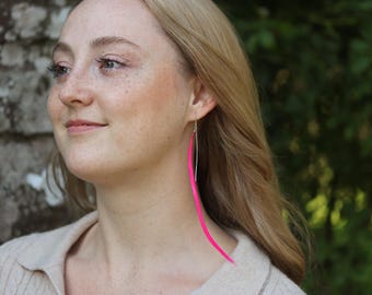 Long Hot Pink Feather Earrings - sterling silver or 14K gold filled dangles, statement drop earrings