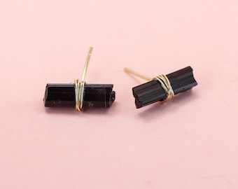 Black Tourmaline Earrings, 14K Gold Fill or Sterling Silver Tourmaline Gemstone T Bar Studs with Medium Raw Black Crystals, Bar Earrings