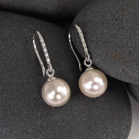Large Pearl Drops in 14K with Genuine Natural Diamonds Solid | Etsy