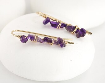 Amethyst Wrapped Ear Climbers in 14K Gold Fill • Crystal Shaped Amethyst Dangle Earrings • 14k Gold Filled Gemstone Ear Crawlers • pin cuff