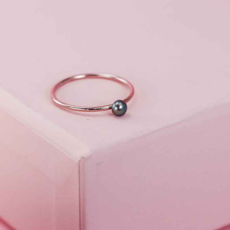 Black Pearl Ring, Stacking Ring in 14K Gold Fill, 14K Rose Gold Fill or Sterling Silver, Single Pearl Ring, Dark Peacock Pearl Ring image 6