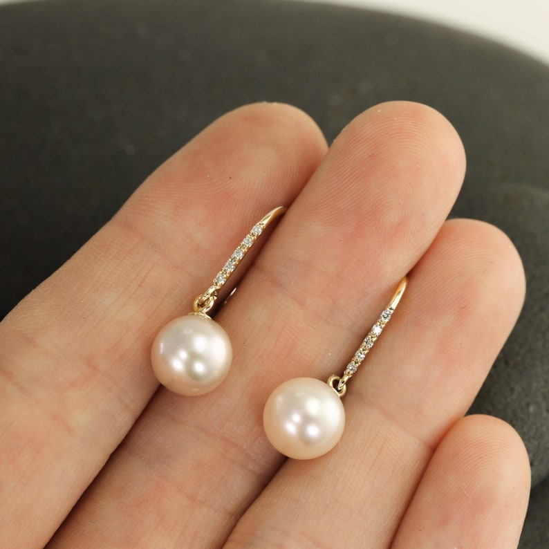Large Pearl Earrings, Pearl And Diamond Earrings, 14k Solid Gold Earrings, Freshwater Pearl Earrings, Pearl Drop Earrings, Genuine Pearl image 7