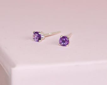 Tiny Amethyst Earrings with Sterling Silver Posts, Second Hole Stud Earrings, 2.5mm Genuine Amethyst Studs