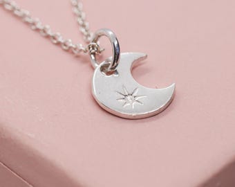 Crescent Moon Necklace with Star – Celestial Pendant in Sterling Silver or 14k Gold Filled