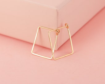 Square Hoop Earrings In 14K Gold Or Gold Fill, Medium Rectangle Hoops, Hammered Gold Earrings, Fashion Gift, Geometric Jewelry,Handmade Gift