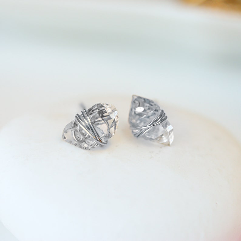 Herkimer Diamond Earrings Wrapped in Sterling Silver, Silver Herkimer Studs image 2