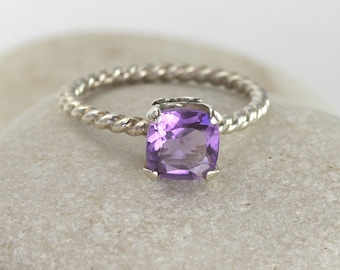 Square Amethyst Ring in Sterling Silver, Custom Size Silver Amethyst Ring
