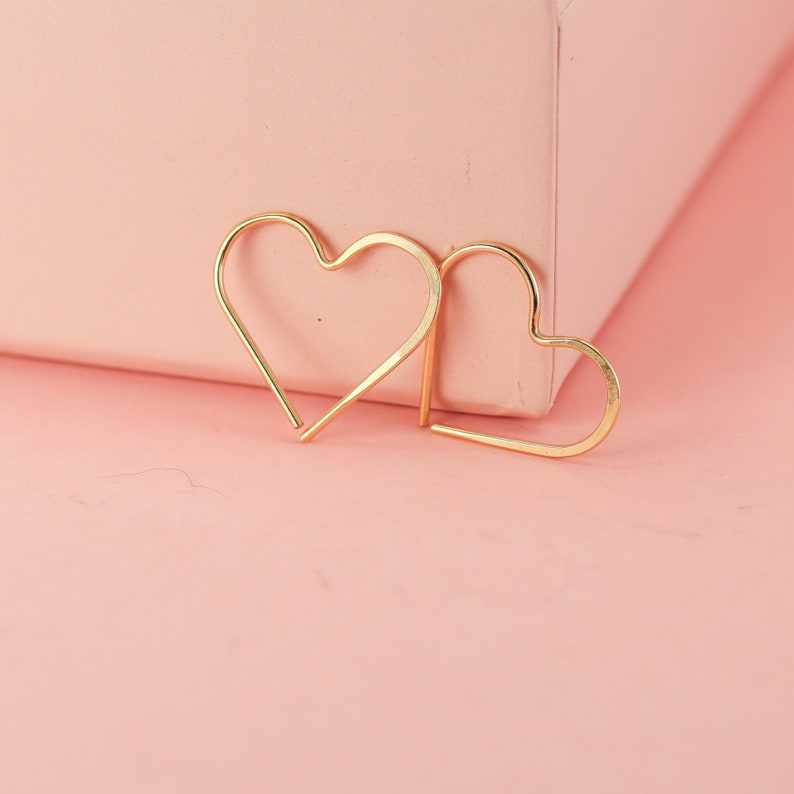 Women hoop heart earrings hammered in solid 14k yellow, rose and white gold or gold filled or sterling silver only image 1