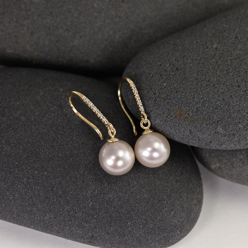 Large Pearl Earrings, Pearl And Diamond Earrings, 14k Solid Gold Earrings, Freshwater Pearl Earrings, Pearl Drop Earrings, Genuine Pearl image 3