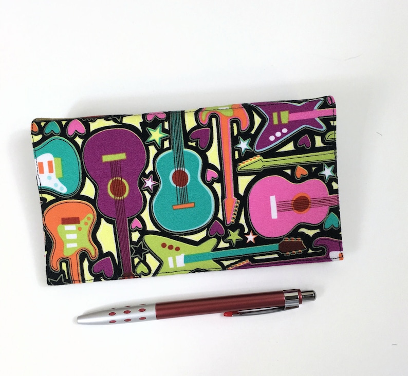 Bright Guitars Girls Rock Cotton Fabric Guitar Checkbook Cover with Pen Holder and Duplicate Checks Flap Music Checkbook