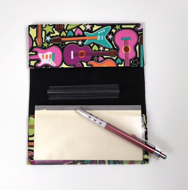 Bright Guitars Girls Rock Cotton Fabric Guitar Checkbook Cover with Pen Holder and Duplicate Checks Flap Music Checkbook