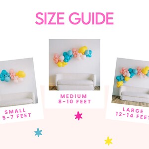 K&ouml;nnte beinhalten: Eine Gr&ouml;&szlig;en&uuml;bersicht f&uuml;r Ballongirlanden, mit drei Beispielen: klein (1,5-2,1 Meter), mittel (2,4-3 Meter) und gro&szlig; (3,7-4,3 Meter). Jedes Beispiel zeigt ein wei&szlig;es Sofa und eine farbenfrohe Ballonanordnung.