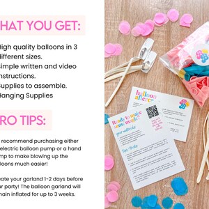 K&ouml;nnte beinhalten: Ein Party-Ballongirlanden-Set mit rosa, blauen und gelben Luftballons, Konfetti und Zubeh&ouml;r. Das Set enth&auml;lt Anweisungen und Aufh&auml;ngematerial. Der Text auf den enthaltenen Karten lautet "balloon aftere" und "Ready to make some magic?"