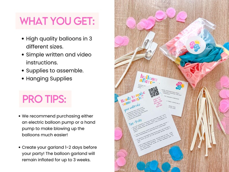 K&ouml;nnte beinhalten: Ein Party-Ballongirlanden-Set mit rosa, blauen und gelben Luftballons, Konfetti und Zubeh&ouml;r. Das Set enth&auml;lt Anweisungen und Aufh&auml;ngematerial. Der Text auf den enthaltenen Karten lautet "balloon aftere" und "Ready to make some magic?"